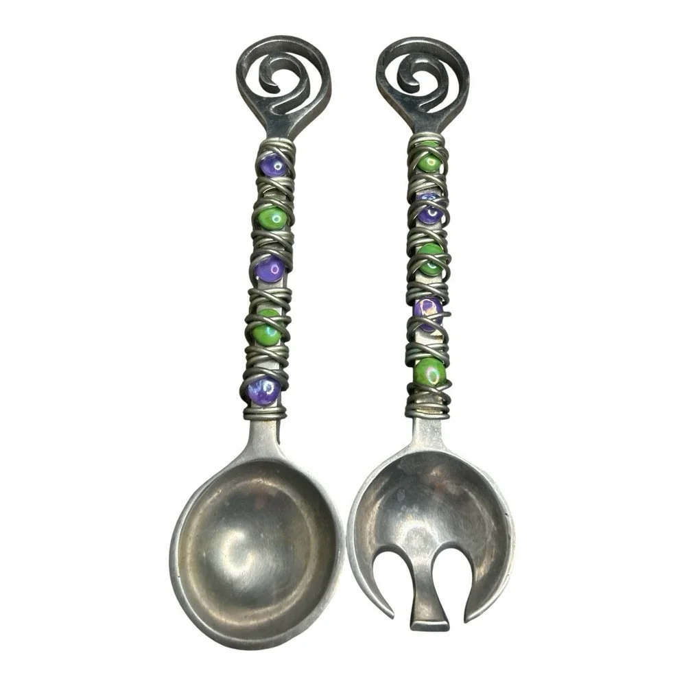 Dary Rees Salad Servers Vintage 1990s Pewter Colorful Stone Handle Set